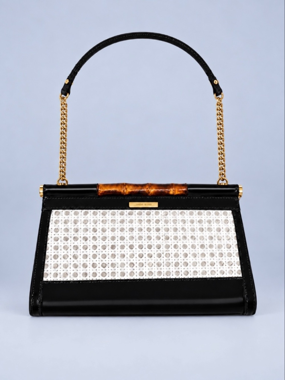 Anne Klein Black Patent White Woven Bamboo Handle Shoulder Bag